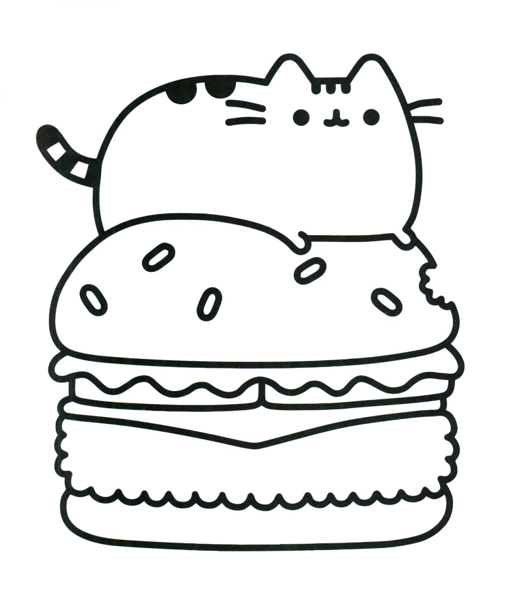 Online coloring book: Pusheen on a hamburger coloring page